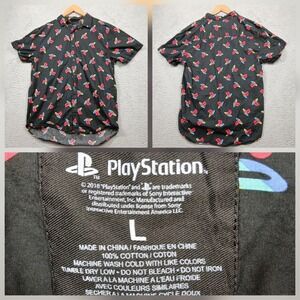 PlayStation Men's Button-Up Shirt L Black‎ Allover Logo Print Short Sleeve